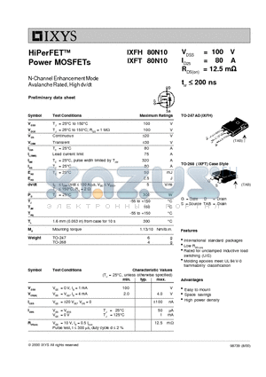 IXFT80N10 datasheet - HiPerFET Power MOSFETs