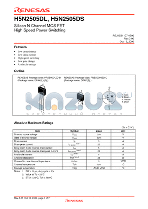 H5N2505DSTL-E datasheet - Silicon N Channel MOS FET High Speed Power Switching