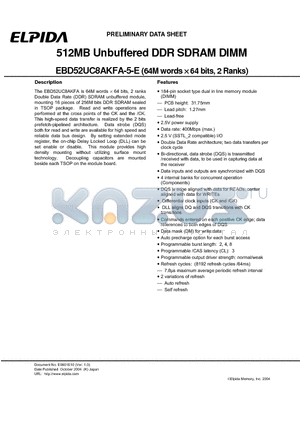 EBD52UC8AKFA-5-E datasheet - 512MB Unbuffered DDR SDRAM DIMM (64M words x 64 bits, 2 Ranks)