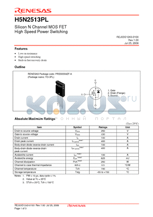 H5N2513PL-E datasheet - Silicon N Channel MOS FET High Speed Power Switching