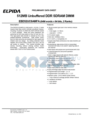 EBD52UC8AMFA-6B datasheet - 512MB Unbuffered DDR SDRAM DIMM