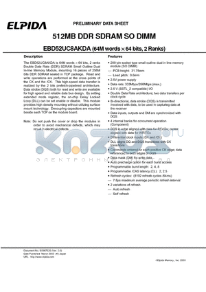 EBD52UC8AKDA-6B datasheet - 512MB DDR SDRAM SO DIMM (64M words x 64 bits, 2 Ranks)