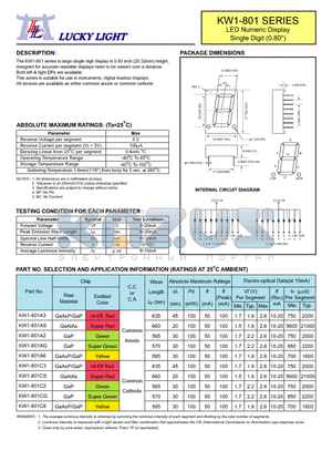 KW1-801A6 datasheet - LED Numeric Display Single Digit (0.80)