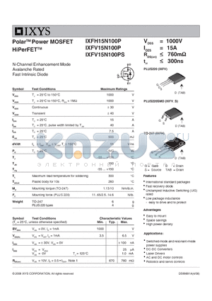 IXFV15N100PS datasheet - Polar Power MOSFET HiPerFET