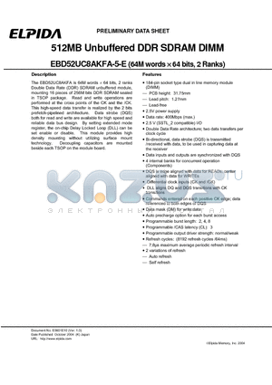 EBD52UC8AKFA-5C-E datasheet - 512MB Unbuffered DDR SDRAM DIMM (64M words x 64 bits, 2 Ranks)