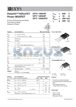 IXFV18N60P datasheet - PolarHV HiPerFET Power MOSFET