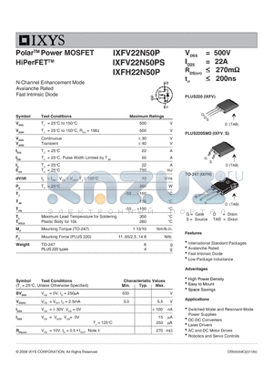 IXFV22N50P datasheet - Polar Power MOSFET HiPerFET