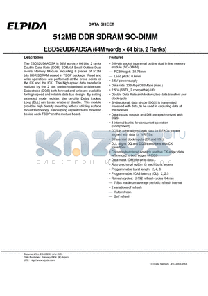 EBD52UD6ADSA-7B datasheet - 512MB DDR SDRAM SO-(64M words x 64 bits, 2 Ranks)