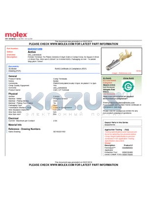 643221359 datasheet - Female Terminal, Tin Plated, Selective 0.8lm Gold in Contact Area, for Square 0.6mm x 0.6mm Pins, Wire size 0.22mmb; to 0.44mmbAWG, Packaging on reel - 