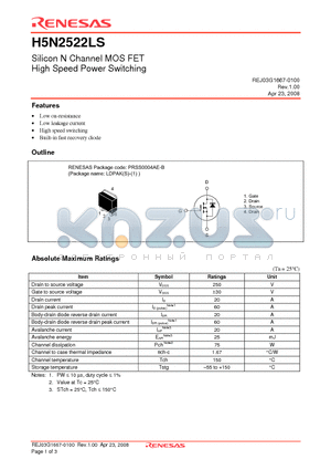 H5N2522LS datasheet - Silicon N Channel MOS FET High Speed Power Switching