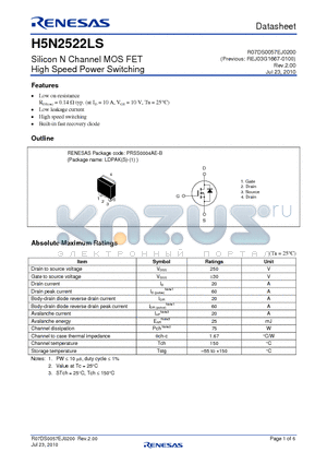 H5N2522LS7 datasheet - Silicon N Channel MOS FET High Speed Power Switching