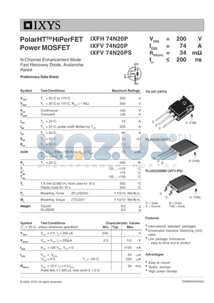 IXFV74N20P datasheet - PolarHT HiPerFET Power MOSFET