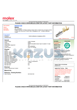 643221339 datasheet - Female Terminal, Tin Plated, Selective 0.8lm Gold in Contact Area, for Square 0.6mmx 0.6mm Pins, Wire size 0.75mmb AWG, Packaging on reel - 