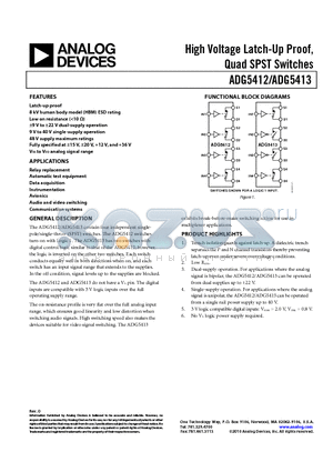 ADG5412 datasheet - High Voltage Latch-Up Proof, Quad SPST Switches