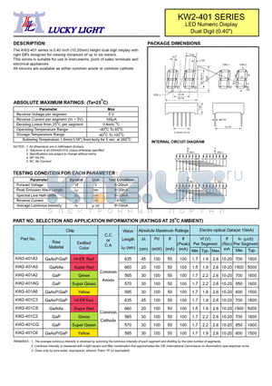 KW2-401 datasheet - LED Numeric Display Dual Digit (0.40)