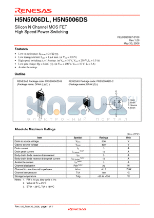 H5N5006DL datasheet - Silicon N Channel MOS FET High Speed Power Switching