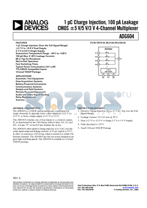 ADG604YRU datasheet - 1 pC Charge Injection, 100 pA Leakage CMOS a5 V/5 V/3 V 4-Channel Multiplexer