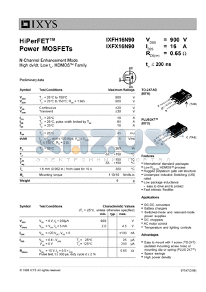 IXFX16N90 datasheet - HiPerFET Power MOSFETs