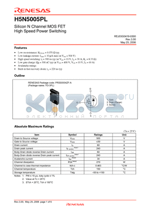 H5N5005PL datasheet - Silicon N Channel MOS FET High Speed Power Switching