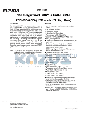 EBE10RD4AGFA datasheet - 1GB Registered DDR2 SDRAM DIMM (128M words x 72 bits, 1 Rank)