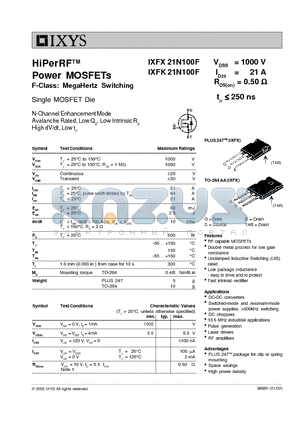 IXFX21N100F datasheet - HiPerRF Power MOSFETs F-Class: MegaHertz Switching