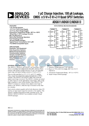 ADG611 datasheet - 1 pC Chanrge Injection, 100 pA Leakage, CMOS -5 V/5 V/3 V Quad SPST Switches