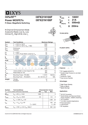 IXFX21N100F datasheet - HiPerRF Power MOSFETs