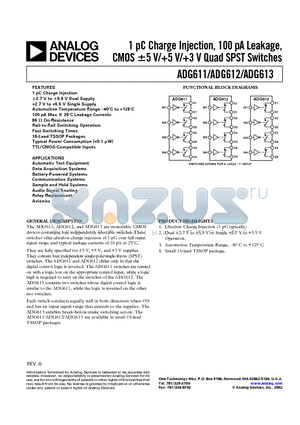 ADG611YRU datasheet - 1 pC Chanrge Injection, 100 pA Leakage, CMOS -5 V/5 V/3 V Quad SPST Switches