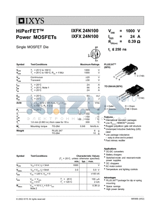 IXFX24N100 datasheet - HiPerFETTM Power MOSFETs