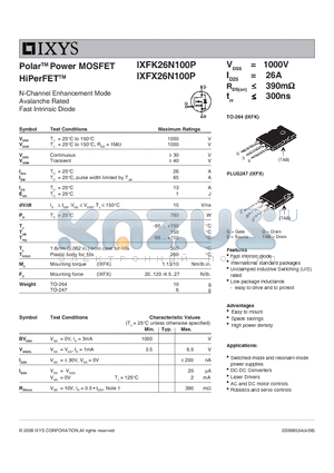 IXFX26N100P datasheet - Polar Power MOSFET HiPerFET