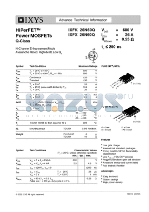 IXFX26N60Q datasheet - HiPerFET Power MOSFETs Q-Class