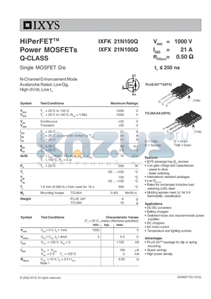 IXFX21N100Q datasheet - HiPerFET Power MOSFETs Q-CLASS