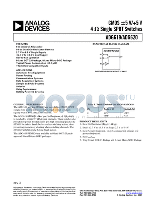 ADG619 datasheet - CMOS -5 V/ 5V 4 OHM SINGLE SPDT SWITCHES