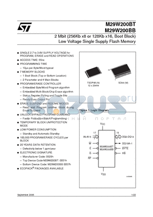 M29W200BB120N1E datasheet - 2 Mbit (256Kb x8 or 128Kb x16, Boot Block) Low Voltage Single Supply Flash Memory