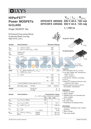 IXFX44N50Q datasheet - HiPerFET Power MOSFETs Q-CLASS