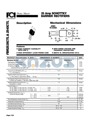 FBR2535CTL datasheet - 25 Amp SCHOTTKY BARRIER RECTIFIERS