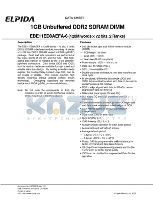 EBE11ED8AEFA-6 datasheet - 1GB Unbuffered DDR2 SDRAM DIMM (128M words x 72 bits, 2 Ranks)