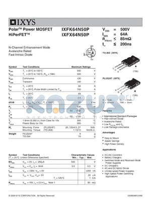 IXFX64N50P datasheet - Polar Power MOSFET HiPerFET