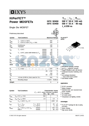 IXFX50N50 datasheet - HiPerFET Power MOSFETs
