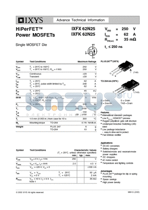 IXFX62N25 datasheet - HiPerFET Power MOSFETs Single MOSFET Die