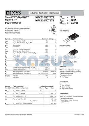 IXFX520N075T2 datasheet - TrenchT2 GigaMOS HiperFET Power MOSFET