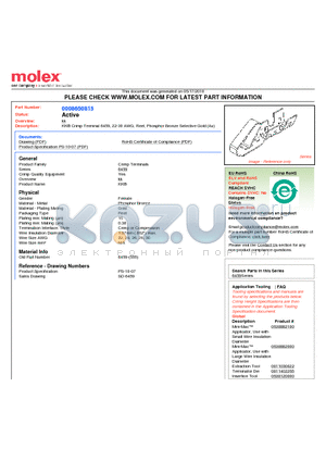 6459 datasheet - KK^ Crimp Terminal 6459, 22-30 AWG, Reel, Phosphor Bronze Selective Gold (Au)