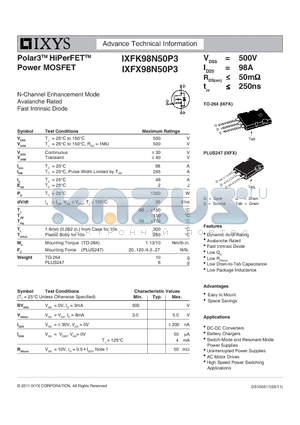 IXFX98N50P3 datasheet - Polar3 HiPerFET Power MOSFET