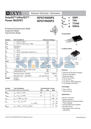 IXFX74N50P2 datasheet - PolarP2 HiPerFET Power MOSFET