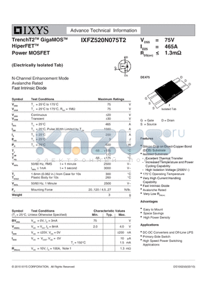 IXFZ520N075T2 datasheet - TrenchT2 GigaMOS HiperFET Power MOSFET