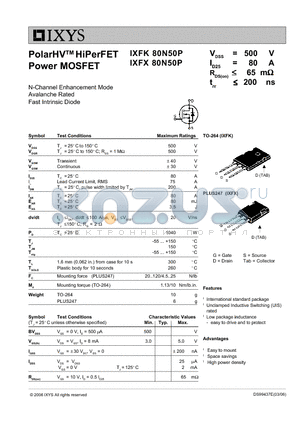 IXFX80N50P datasheet - PolarHV HiPerFET Power MOSFET