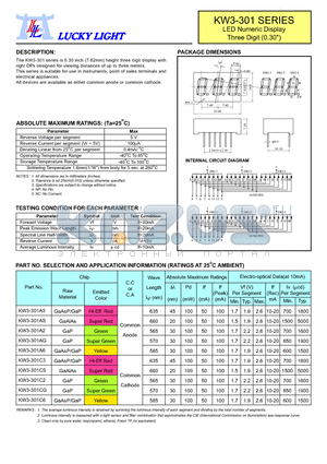 KW3-301A3 datasheet - LED Numeric Display Three Digit (0.30)