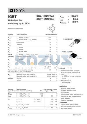 IXGA12N120A2 datasheet - IGBT Optimized for switching up to 5KHz