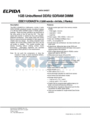 EBE11UD8AEFA-5C-E datasheet - 1GB Unbuffered DDR2 SDRAM DIMM (128M words x 64 bits, 2 Ranks)