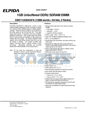 EBE11UD8AGFA datasheet - 1GB Unbuffered DDR2 SDRAM DIMM (128M words x 64 bits, 2 Ranks)